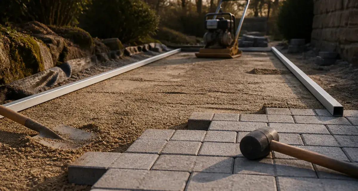 Pavé autobloquant pose : chantier allée durable sur lit de sable