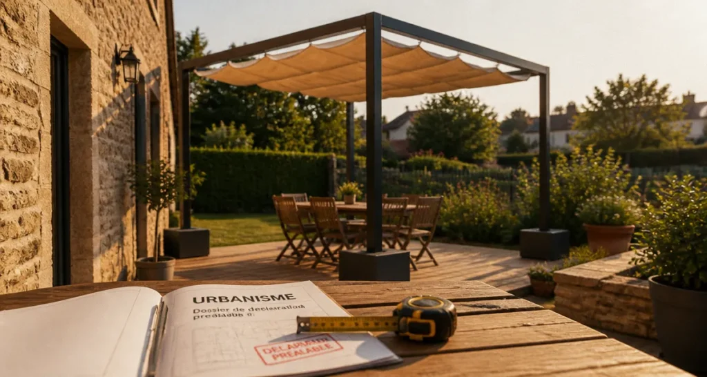 Pergola démontable sans autorisation sur terrasse, toile rétractable beige et plots