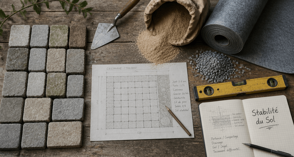 pose pavage outils matériaux sur table