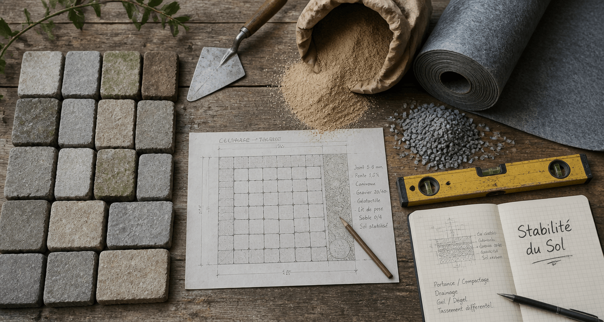 pose pavage outils matériaux sur table