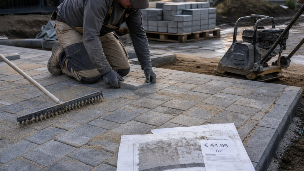 Prix des paves autobloquant : artisan pose des pavés autobloquants sur une allée de garage