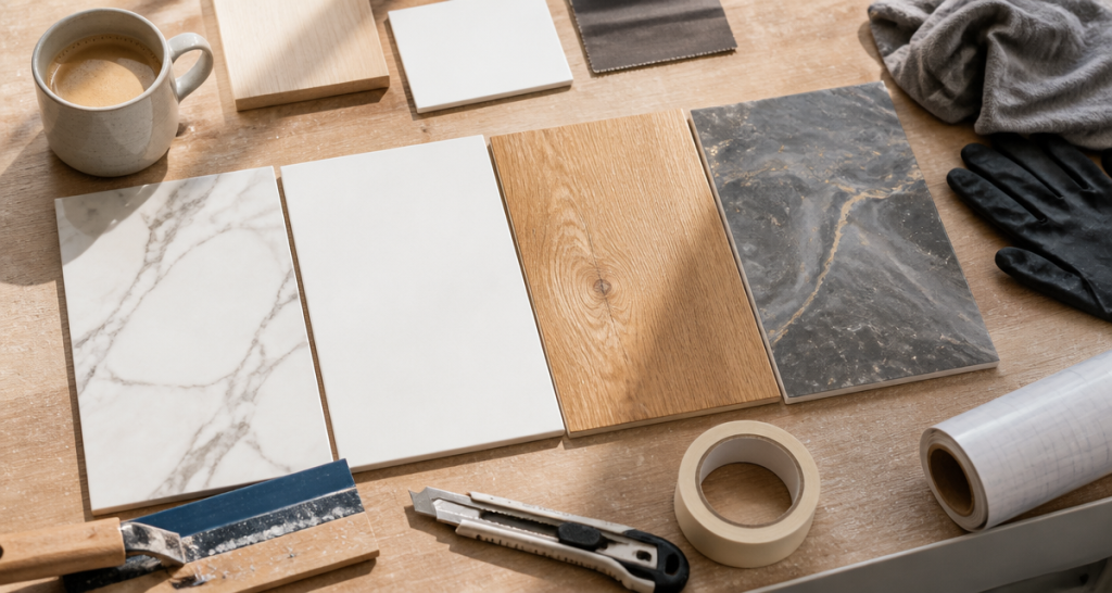 revêtement de plan de travail cuisine échantillons et outils