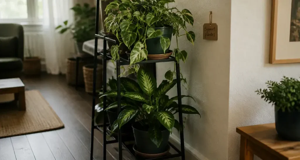 Support plante intérieur multi-niveaux en métal noir pour pots