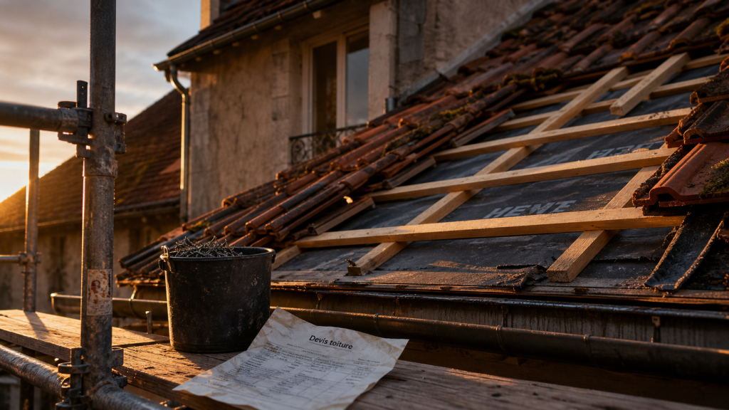 Toiture à refaire : échafaudage et tuiles déposées, rénovation complète