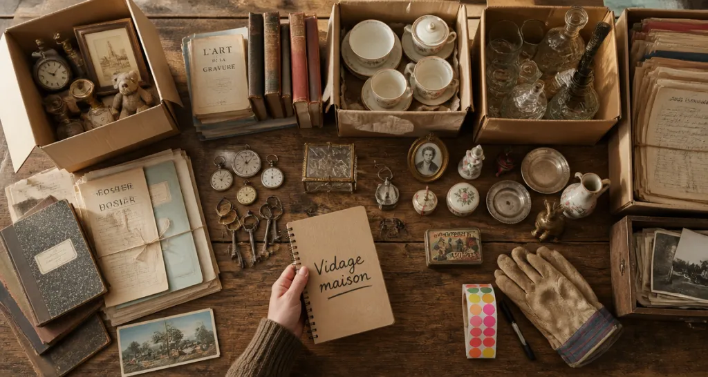 Vidage maison table cartons objets anciens