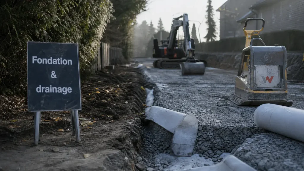 Allée carrossable pas cher en chantier : fondation et drainage visibles