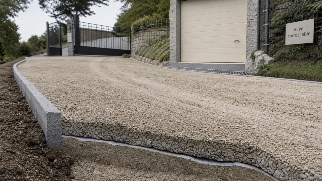 Allée carrossable pas chere en gravier stabilisé, coupe avec géotextile et fondation