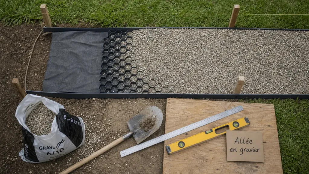 Allée en gravier carrossable : géotextile et dalles stabilisatrices, 25 à 30 cm décaissement