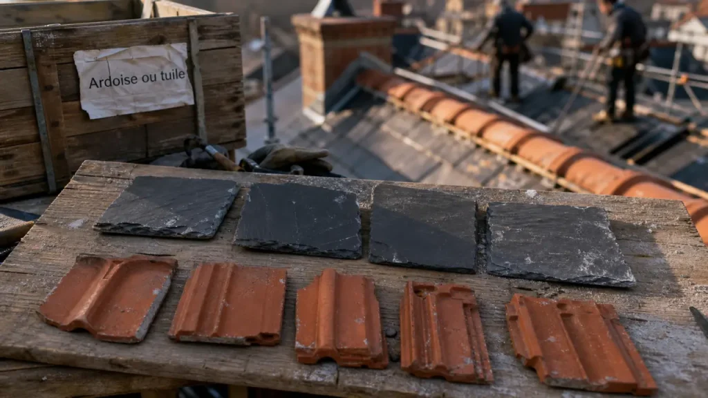Ardoise tuile sur chantier : échantillons de toiture en rénovation
