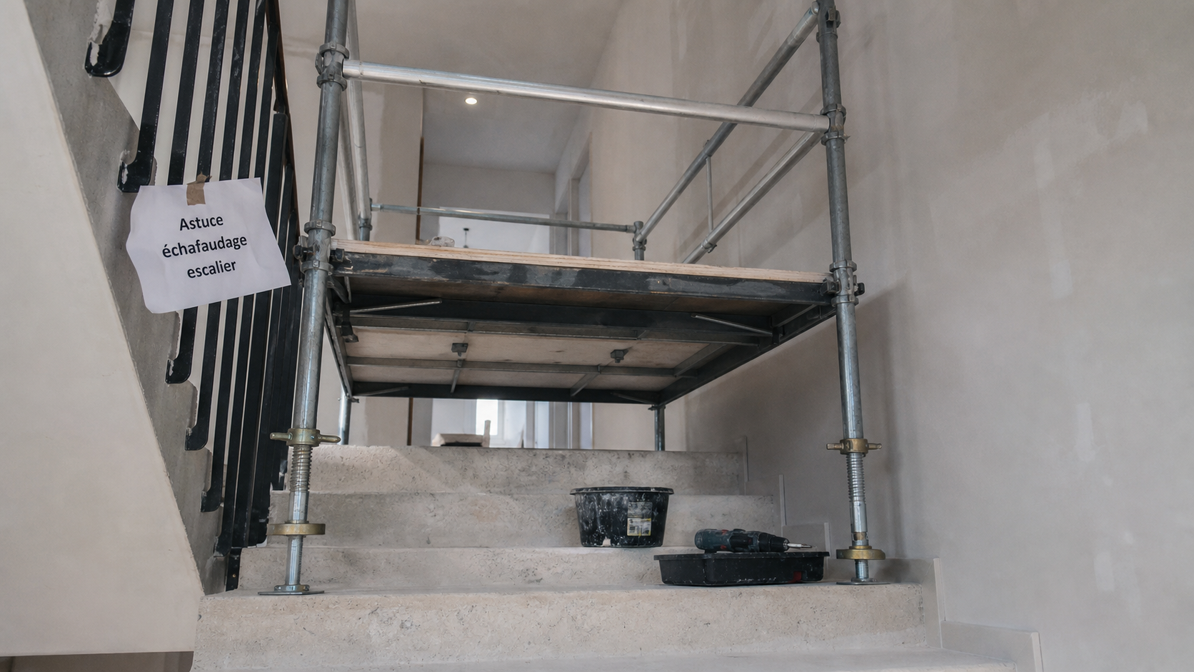 Astuce echafaudage escalier : plateforme sur vérins réglés avec garde-corps