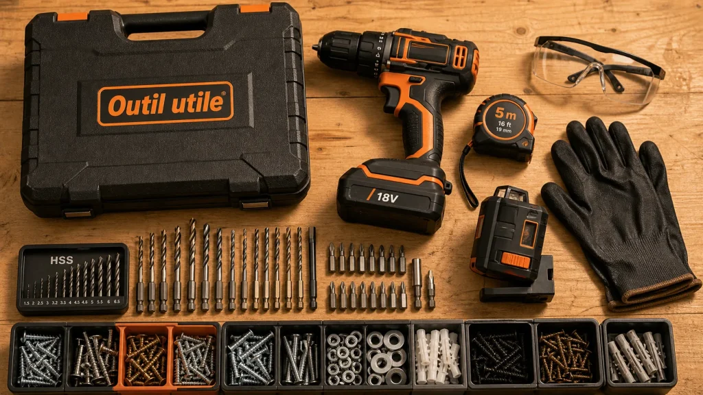 Cadeau bricolage homme : perceuse sans fil, foret et accessoires sur établi