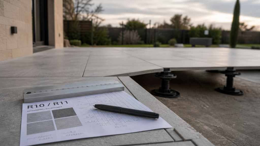 Carrelage terrasse moderne effet béton sur plots R11, pose antidérapante extérieure