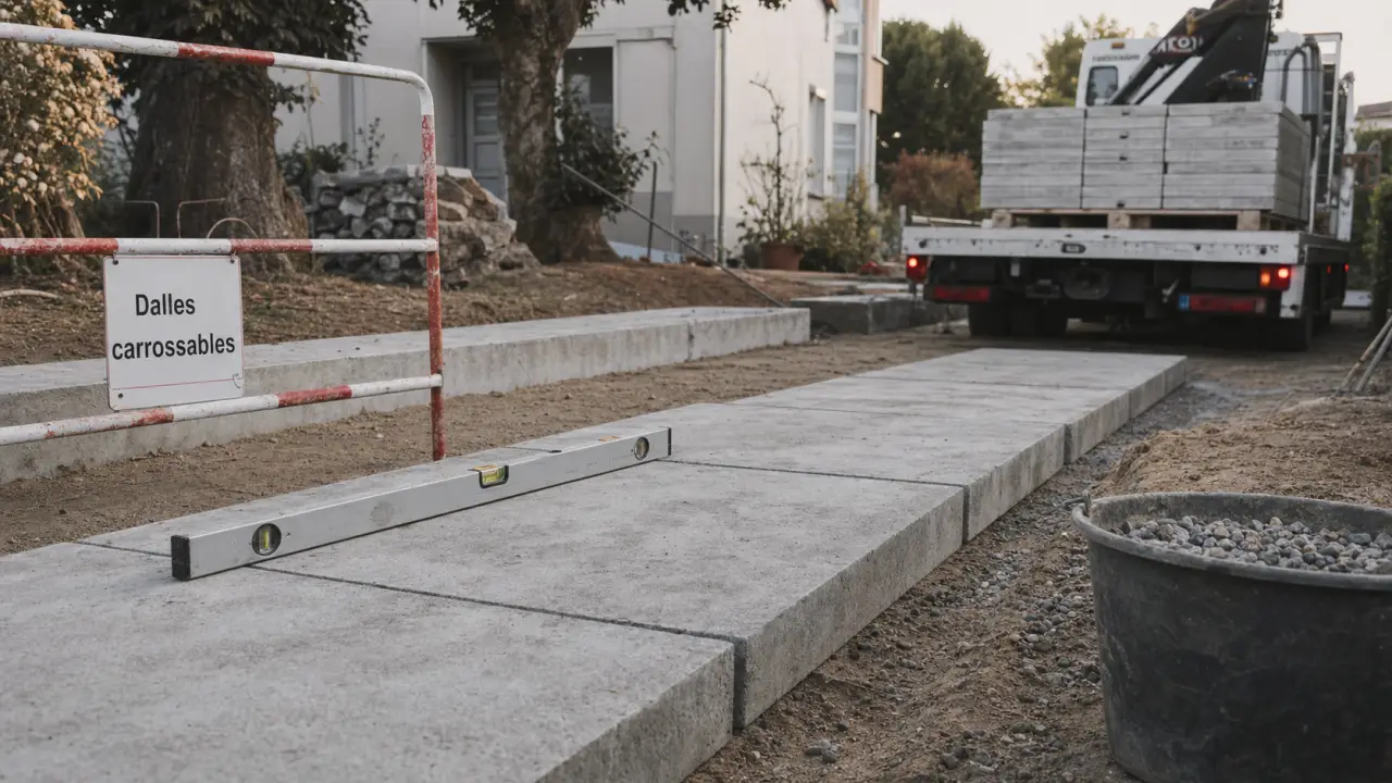 Dalle béton carrossable en chantier, pose sur lit compacté