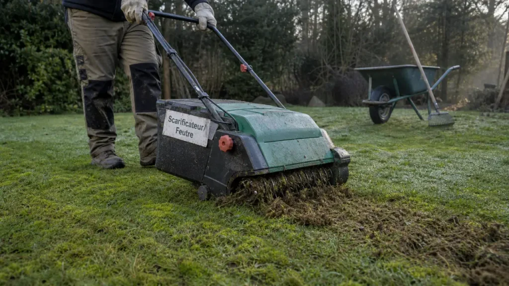 Démousseur ou scarificateur : scarificateur électrique enlève mousse et feutre du gazon humide