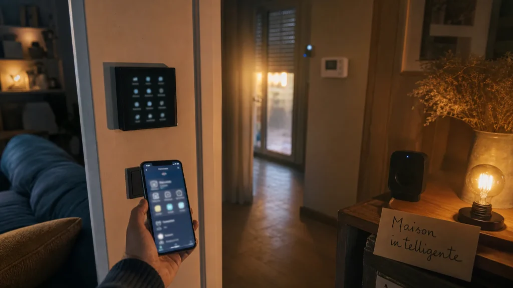 Domotique exemple : smartphone contrôle chauffage et volets, ampoules connectées