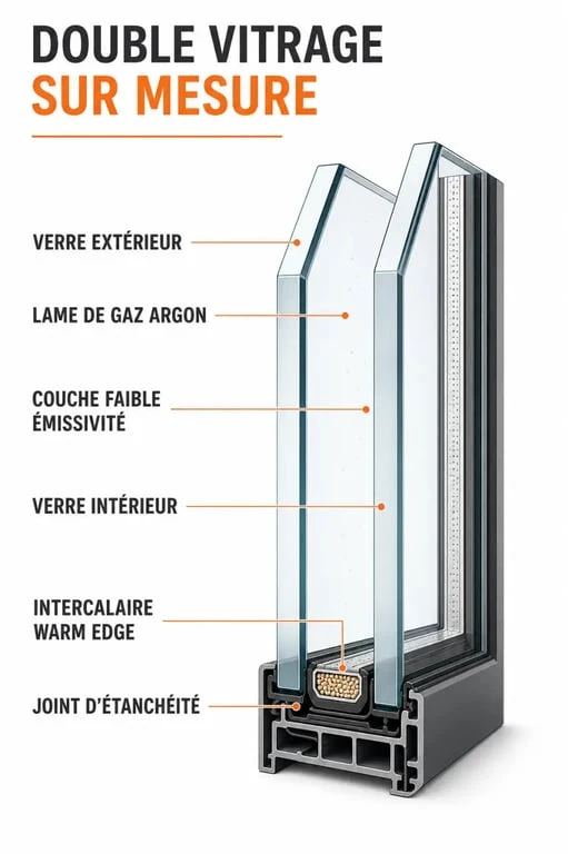 Schéma technique d'une fenêtre double vitrage sur mesure avec isolation thermique renforcée