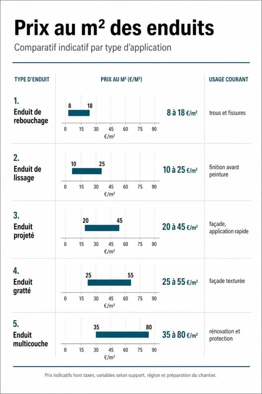 Comparatif des prix au m2 pour différents types d'enduits intérieurs et extérieurs