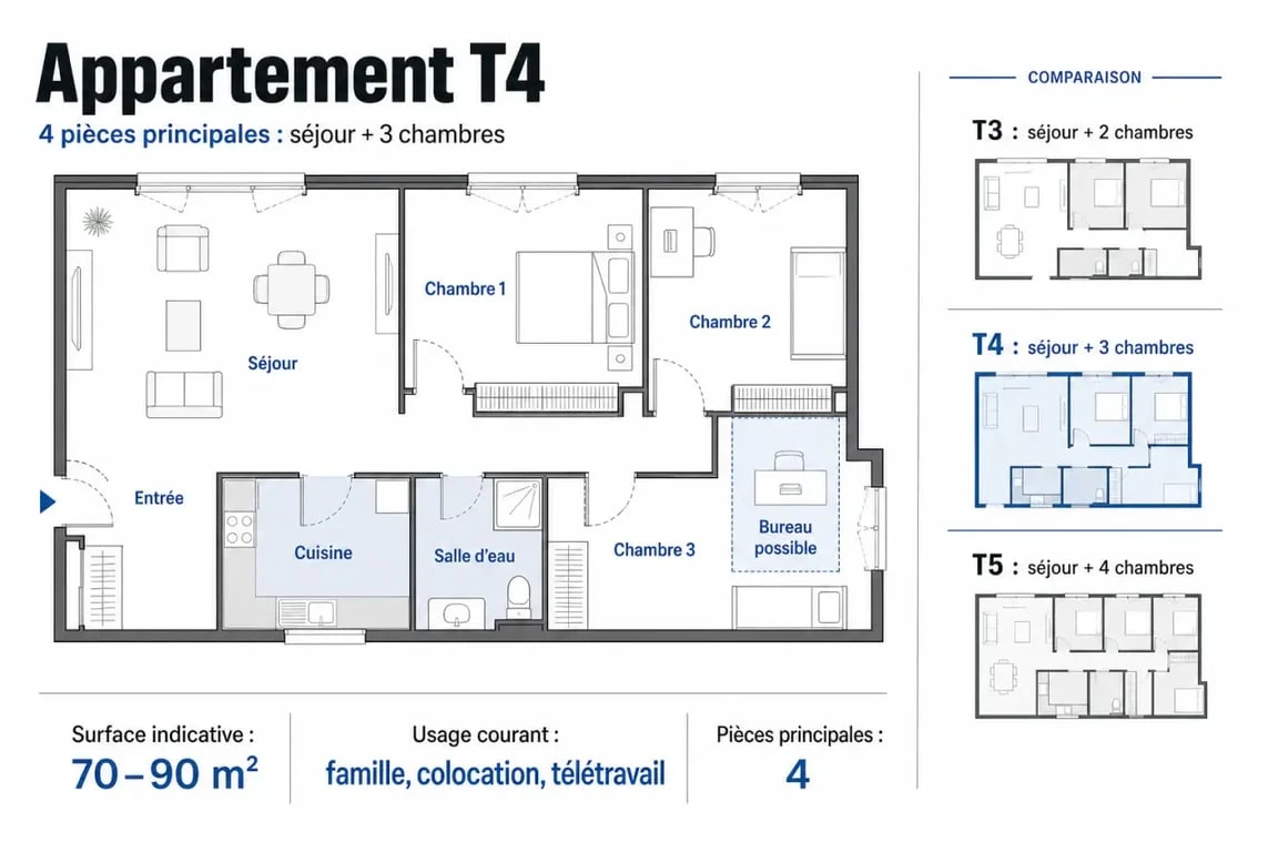 Infographie sur l'appartement T4 : 4 pièces principales, surface et comparaison avec T3 et T5