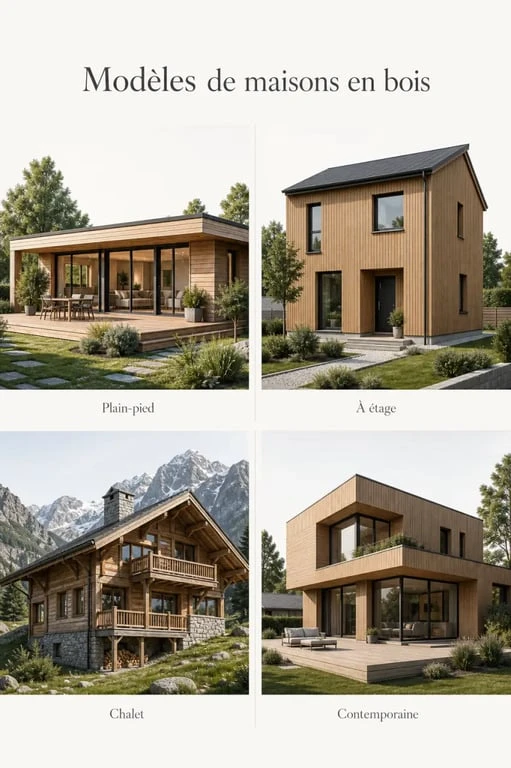 Maison en bois plan : quatre modèles comparés dans une illustration éditoriale