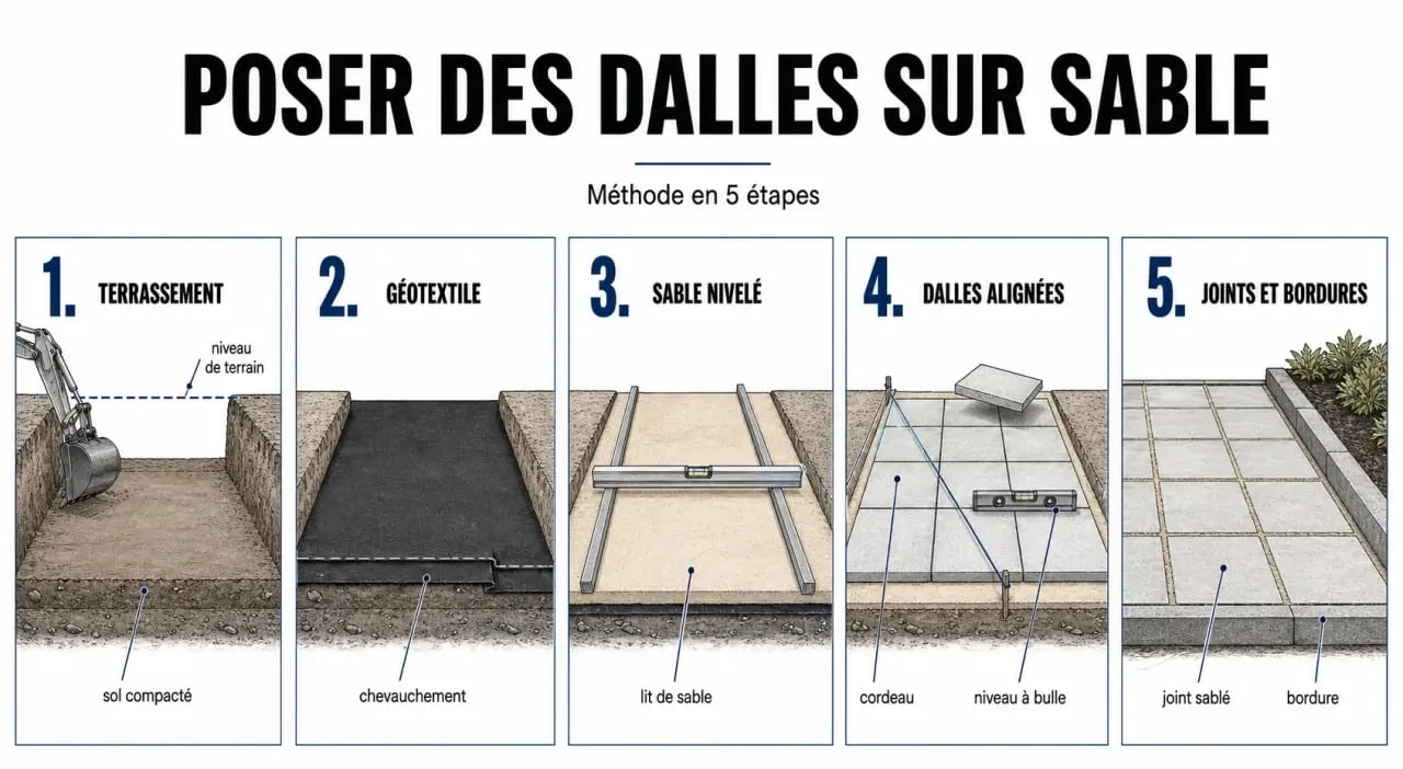 Dalle sur sable terrasse : schéma des étapes de pose et des couches de préparation