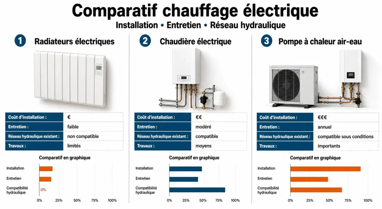 Comparatif du coût remplacement chauffage gaz par électrique : radiateurs électriques, chaudière électrique et pompe à chaleur air-eau