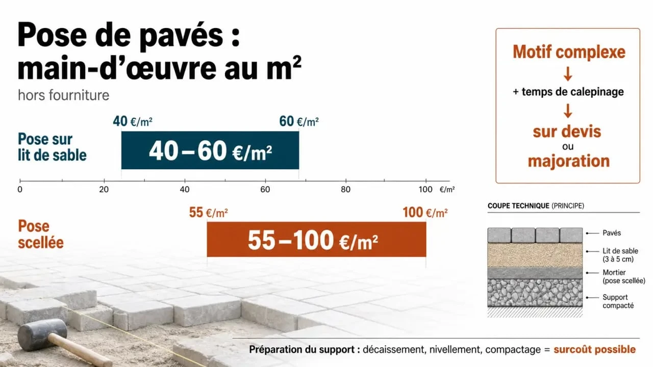 Prix pose pavé m2 sans fourniture : comparaison visuelle des tarifs de main-d’œuvre et des principaux facteurs de coût