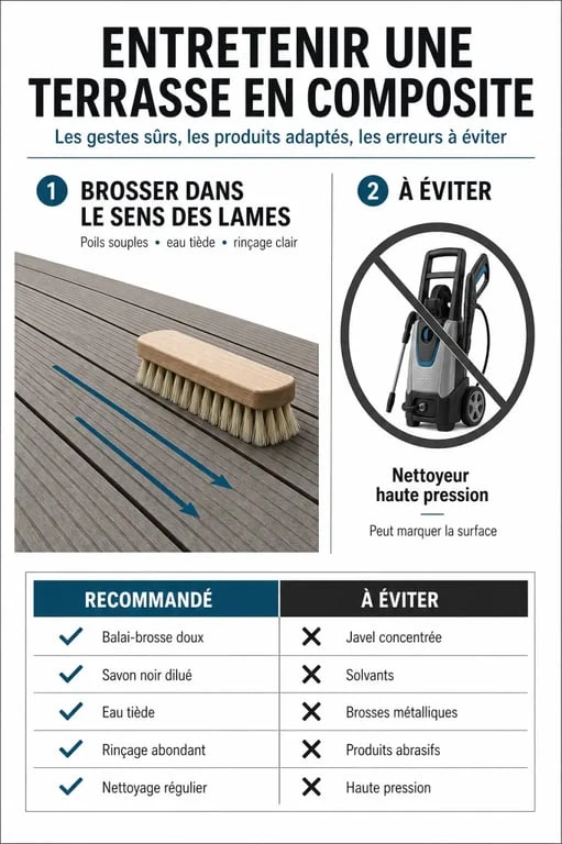 Infographie des bonnes pratiques pour nettoyer une terrasse en composite : brossage et produits recommandés