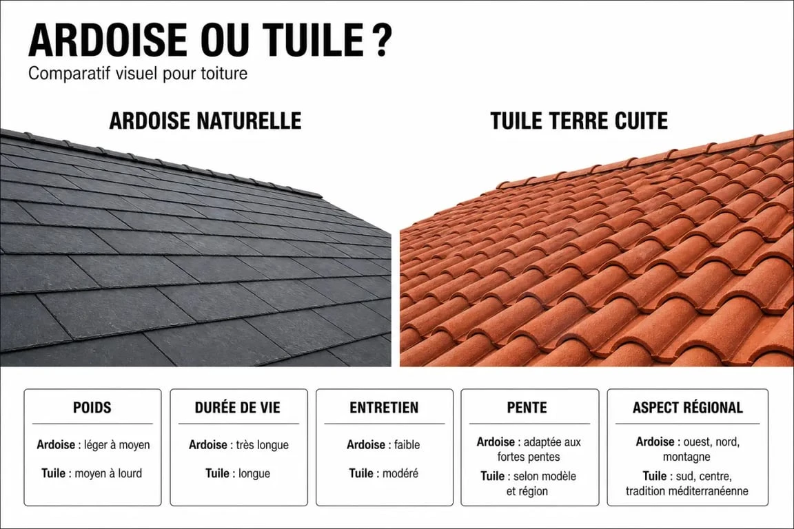 Comparatif ardoise tuile pour toiture : ardoise naturelle sombre et tuile terre cuite rouge côte à côte