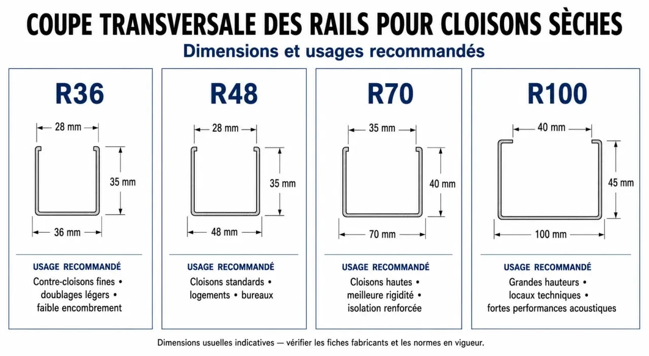 Infographie comparative des dimensions et usages des rails pour placo R36, R48, R70 et R100