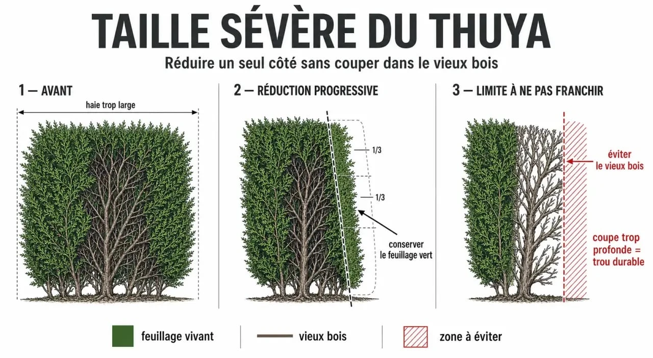 Thuya taille sévère : illustration des étapes de coupe progressive et des zones à éviter