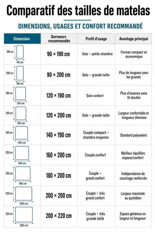 Infographie sur le matelas taille avec comparatif des dimensions standards et recommandations d’usage