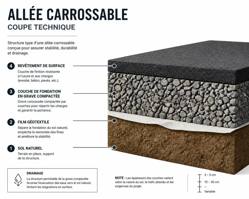 Schéma en coupe d'une allée carrossable pas cher : fondation et couches de drainage