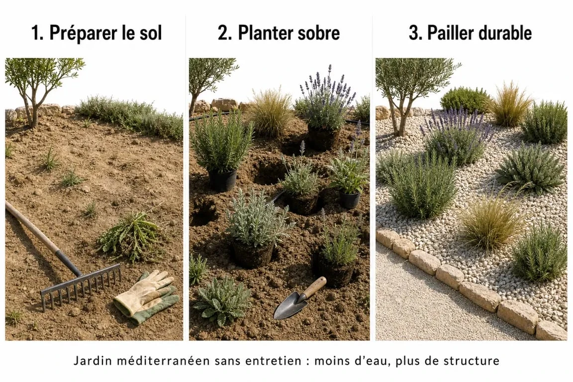 Jardin méditerranéen sans entretien illustré en trois étapes : préparation du sol, plantation de plantes résistantes à la sécheresse et paillage minéral