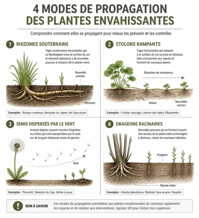 Schéma illustrant les différents modes de propagation des plantes envahissantes au jardin : rhizomes, stolons, drageons et graines.