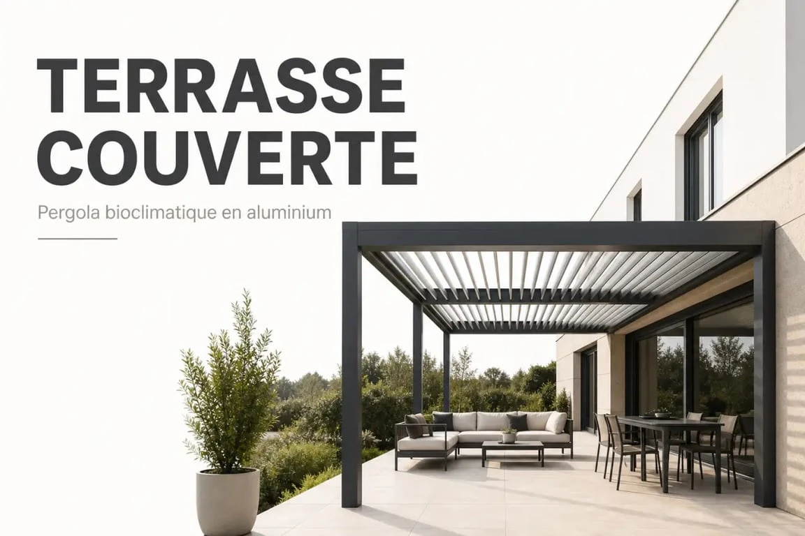 Terrasse couverte maison avec pergola moderne attenante à la façade