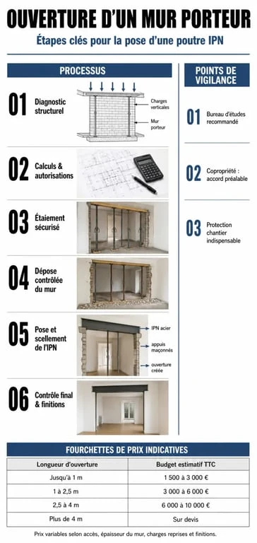 Infographie des étapes et prix pour l'ouverture d'un mur porteur avec pose d'une poutre IPN