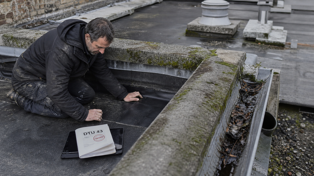 Étanchéité des toitures : couvreur contrôle membrane EPDM à l’acrotère