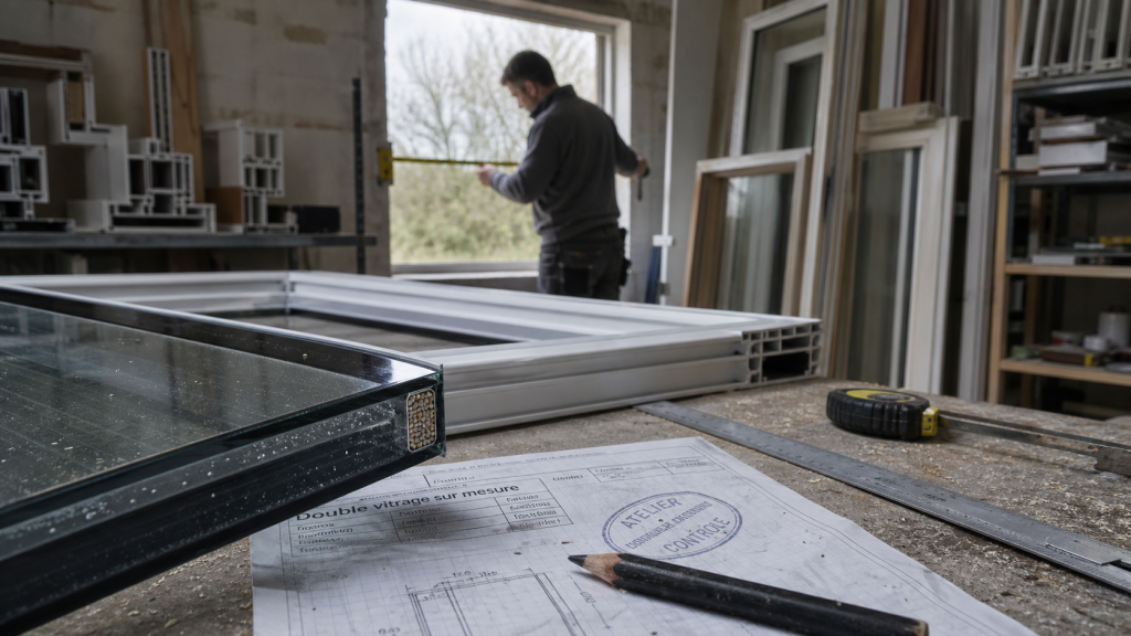 Fenetre double vitrage sur mesure en atelier : technicien mesure le châssis