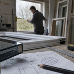 Fenetre double vitrage sur mesure en atelier : technicien mesure le châssis