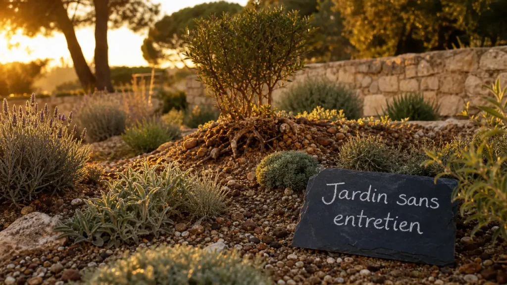 Jardin méditerranéen sans entretien avec paillage minéral et plantes autonomes