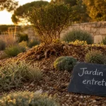 Jardin méditerranéen sans entretien avec paillage minéral et plantes autonomes