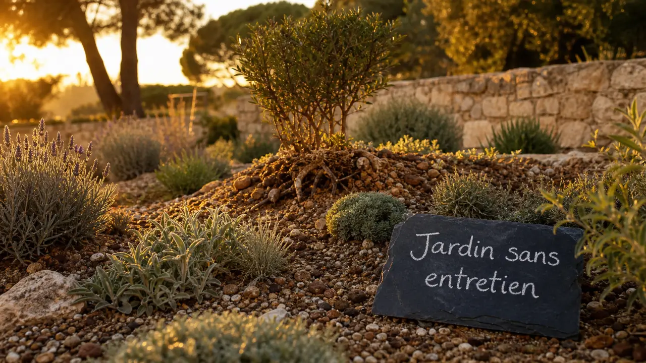 Jardin méditerranéen sans entretien avec paillage minéral et plantes autonomes