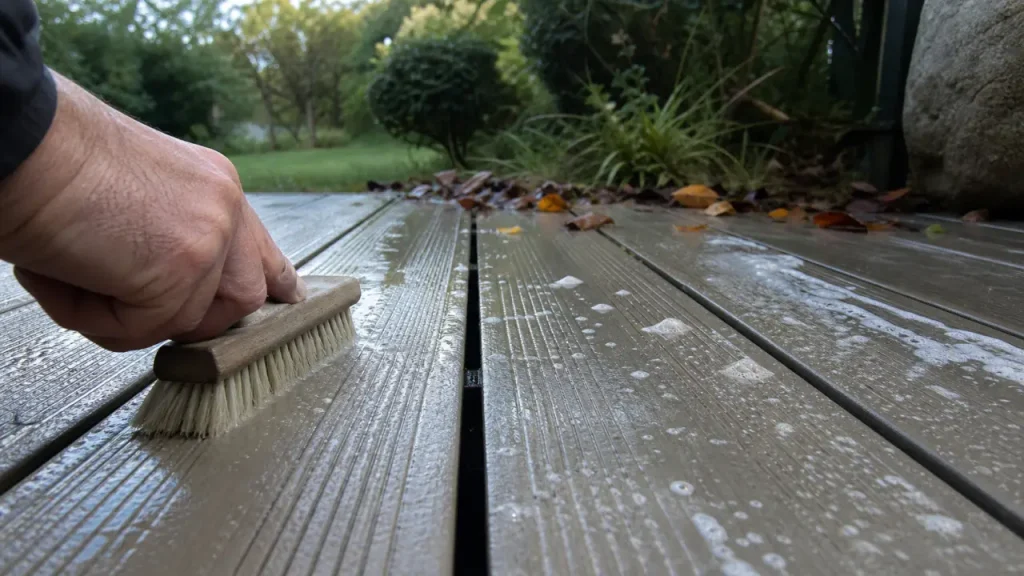Nettoyer terrasse en composite : brosse douce sur lames, eau savonneuse