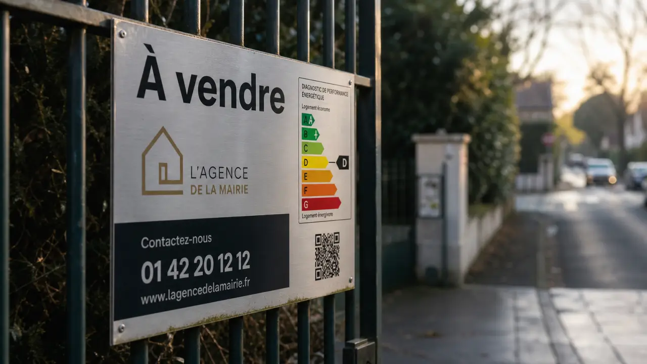 Panneau immobilier en aluminium avec DPE, QR code et mention À vendre