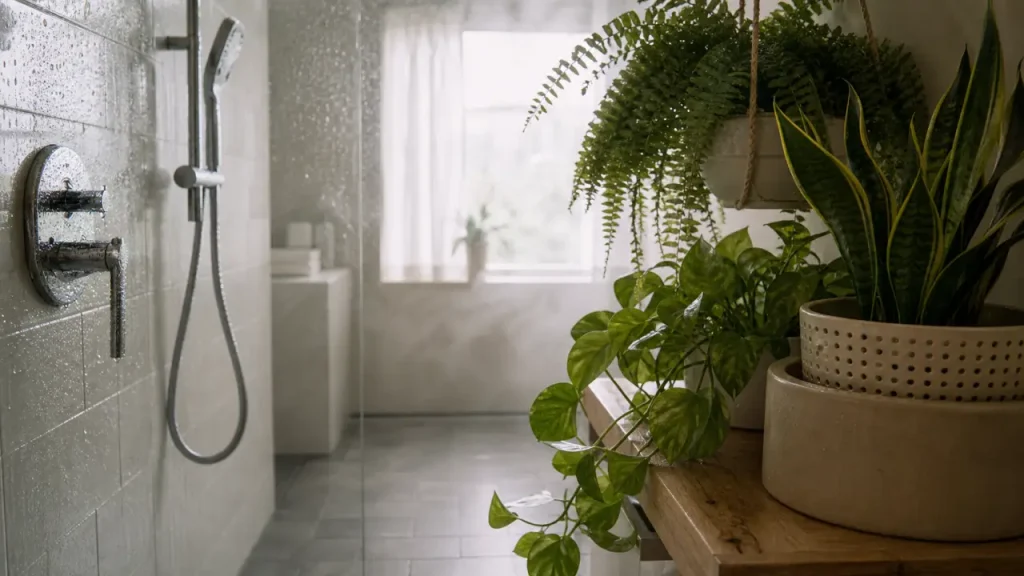Plantes faciles pour salle de bain : fougère, pothos et sansevieria en salle humide peu lumineuse
