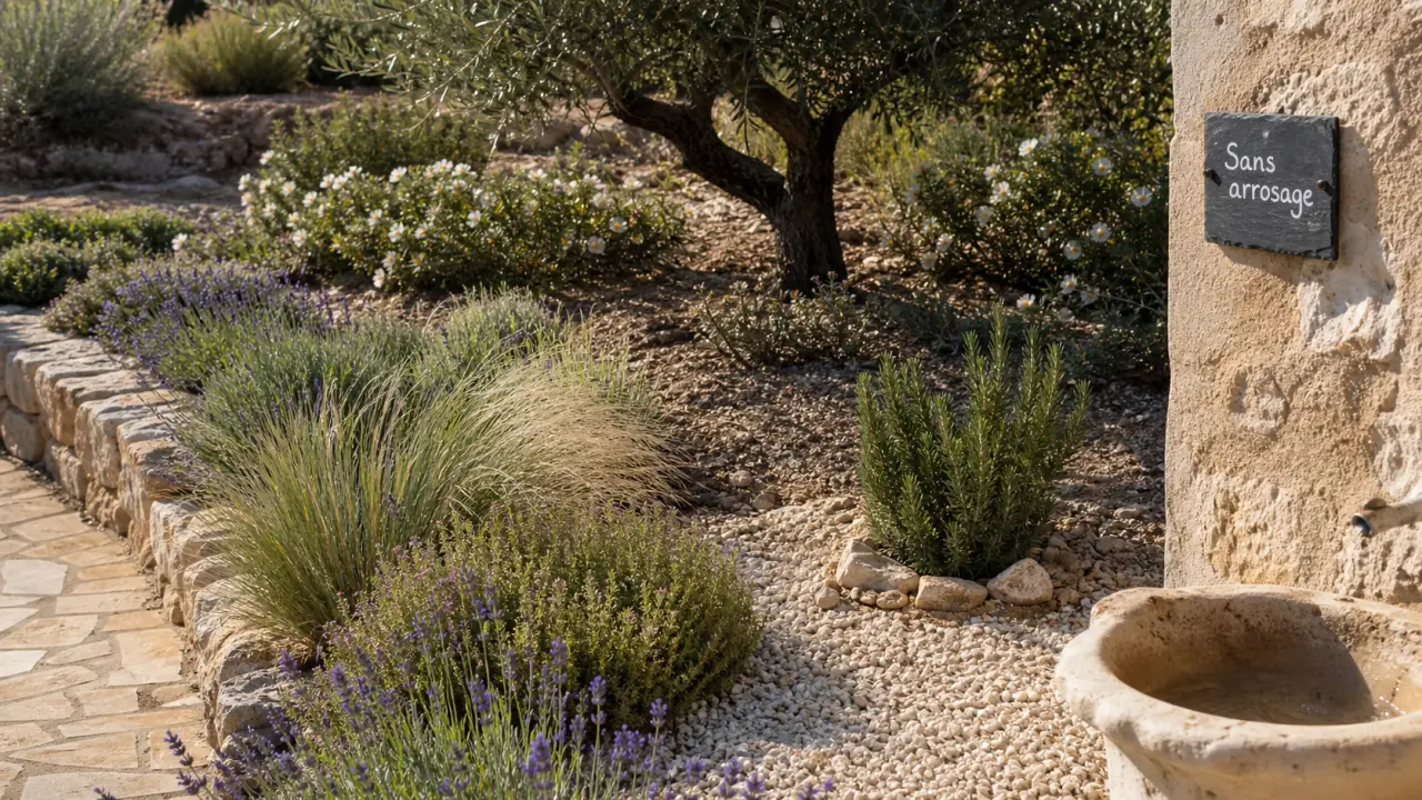 Jardin sec au soleil avec plantes méditerranéennes sans arrosage, -15°C, lavande et romarin.