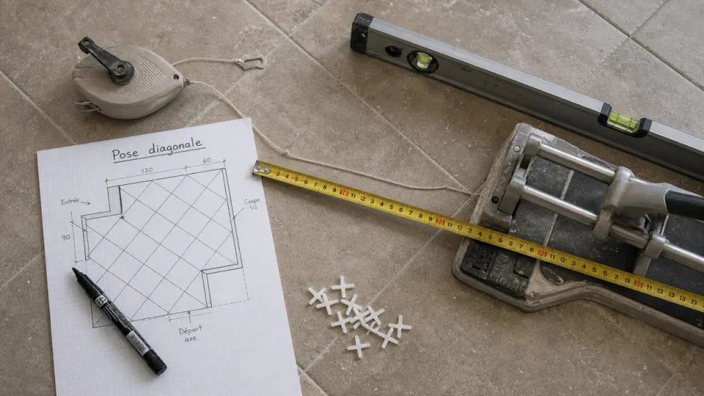 Pose carrelage diagonale 45° : calepinage et coupes nettes