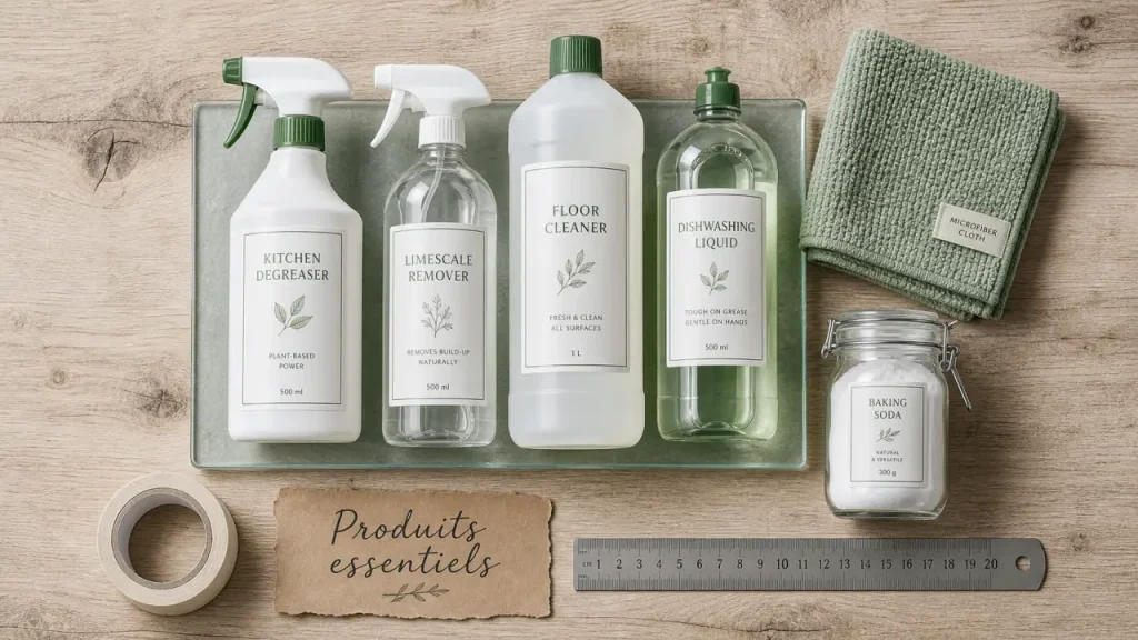 Produit menage essentiels : dégraissant, anticalcaire et microfibre sur table en bois