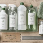 Produit menage essentiels : dégraissant, anticalcaire et microfibre sur table en bois