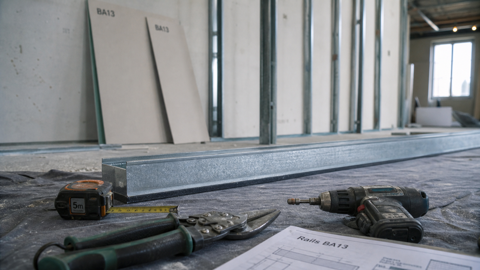 Rails pour placo : rail acier galvanisé sur chantier intérieur avec ruban résilient